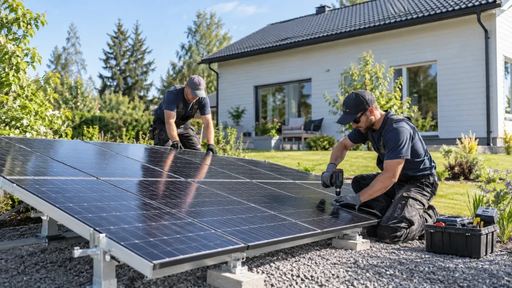 Asentajat kiinnittävät aurinkopaneeleita maatelineeseen.