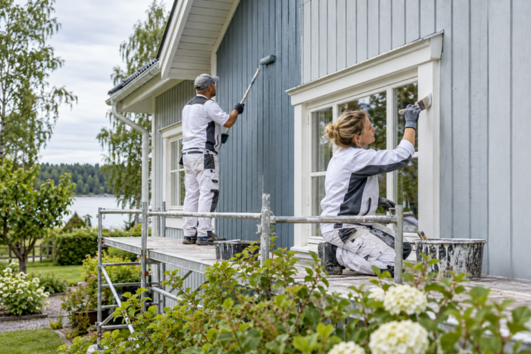 Kaksi ammattilaista maalaa omakotitalon puujulkisivua telineeltä.