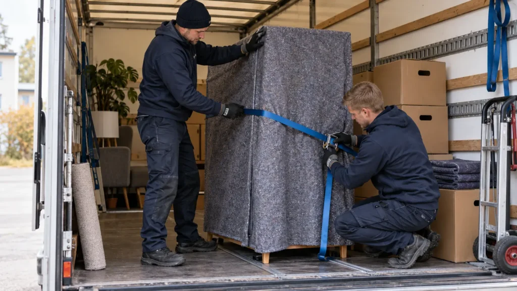Muuttajat suojaavat ja kiinnittävät huonekalua kuljetusautossa.