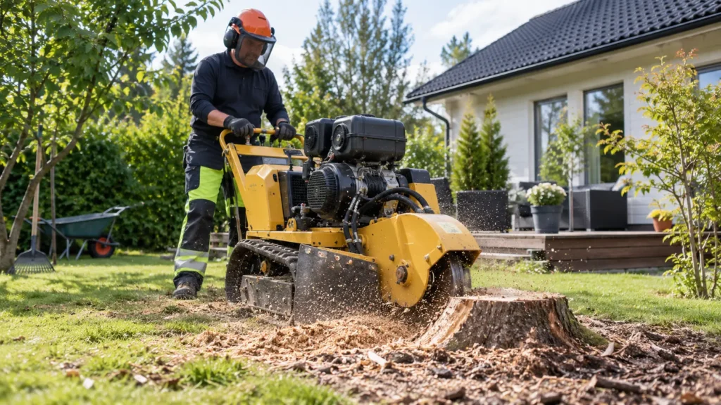 Ammattilainen poistaa puunkantoa kantojyrsimellä.