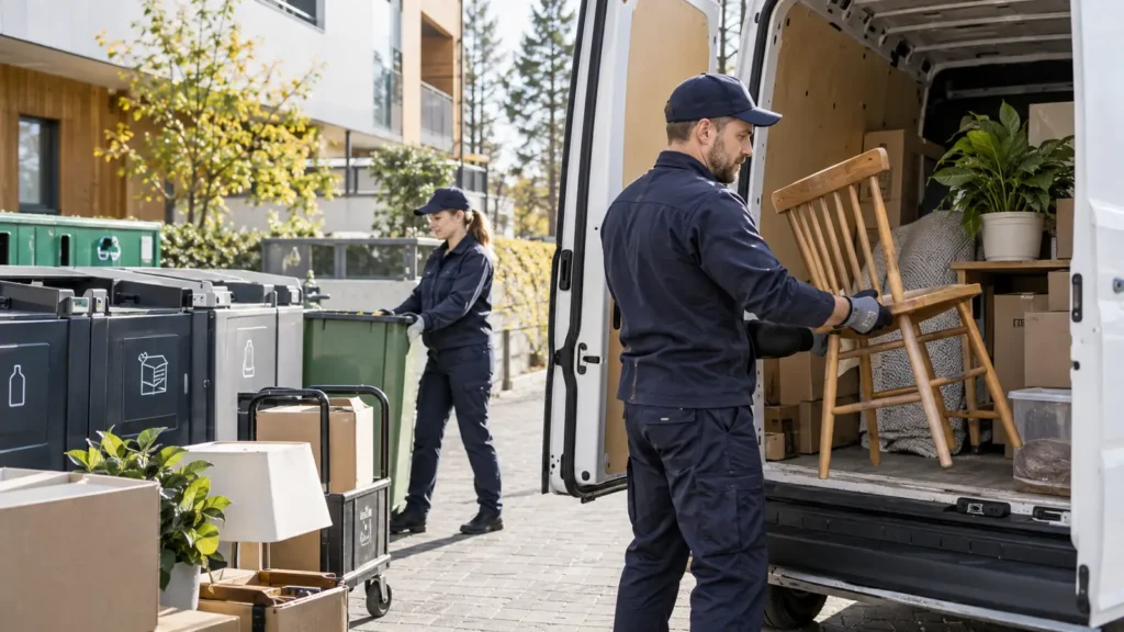 Työntekijä noutaa huonekaluja ja lajiteltuja tavaroita poisvietäviksi.