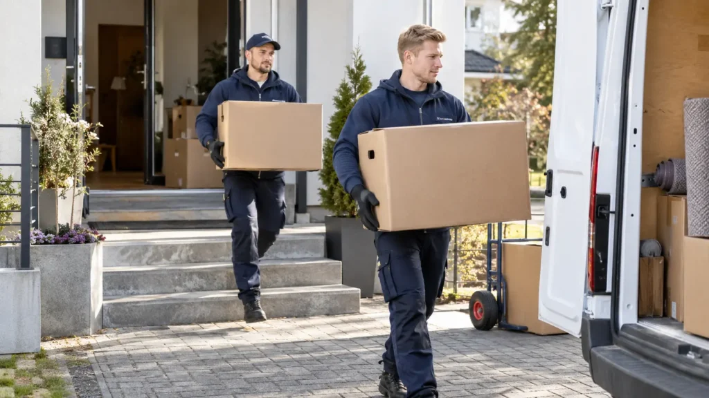 Muuttajat kantavat muuttolaatikoita kodista pakettiautoon.