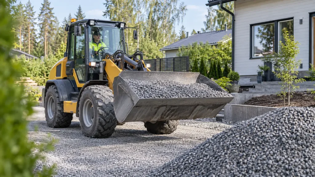 Pyöräkuormaaja siirtää soraa pihan rakennustyömaalla.