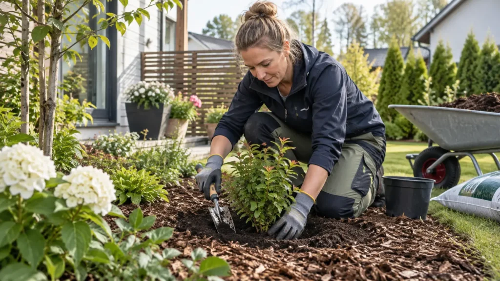 Puutarhatyöntekijä istuttaa pensasta pihan istutusalueelle.