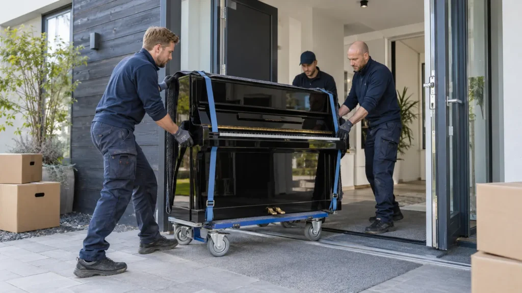Muuttajat siirtävät pystypianoa kuljetusalustan ja liinojen avulla.