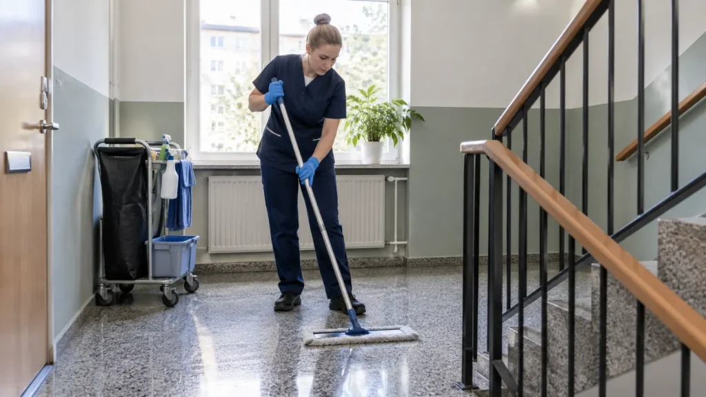 Siivooja puhdistaa kerrostalon porrastasannetta.