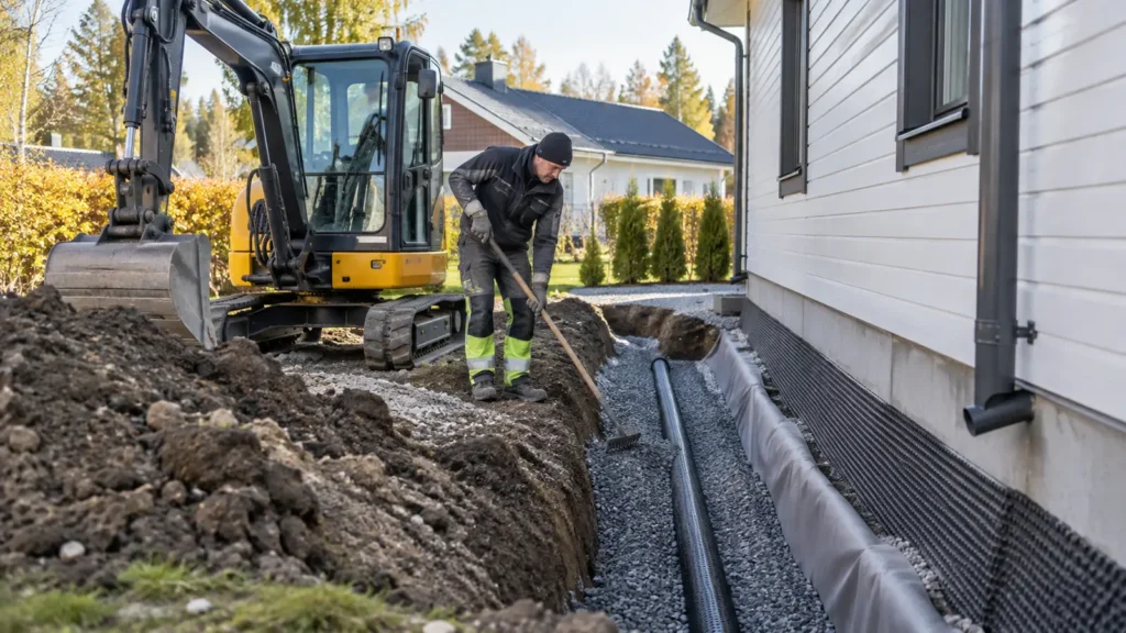 Salaojaputkea ja sepeliä omakotitalon vierustan kaivannossa.