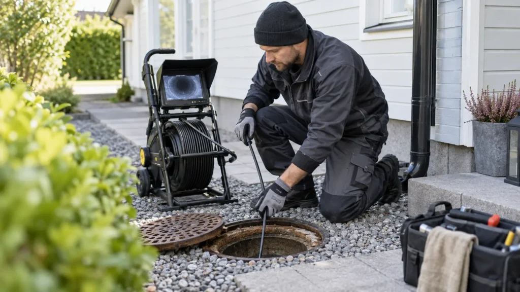 Ammattilainen tutkii viemäriä tarkastuskameran avulla.